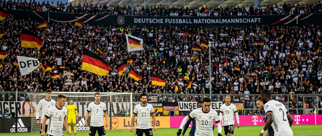 German national football team players in white uniforms defending against France in a stadium filled with German fans